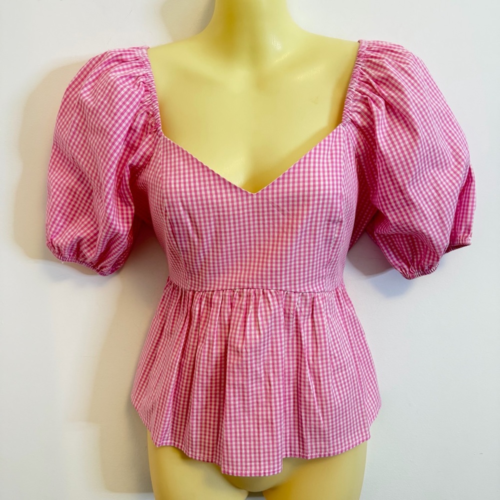 Vici x Destiny Pink Gingham Puff Sleeve Peplum Babydoll Blouse